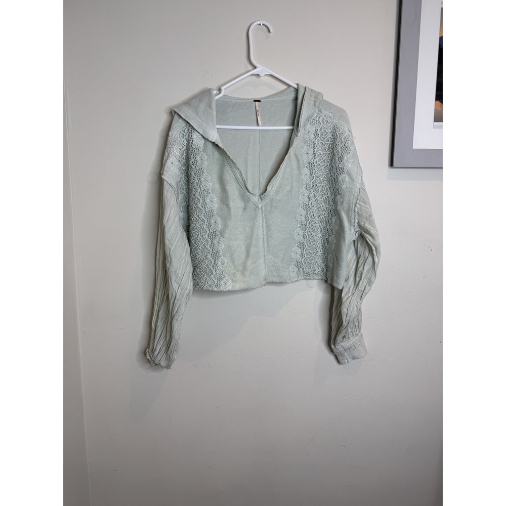 Free People Sweater Womens Small Light Green Hooded Cropped Lace Boho Pullover